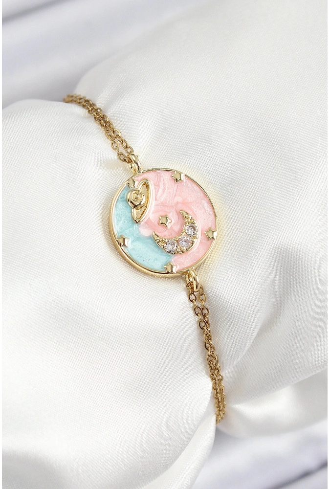 Shoecide 316l Çelik Zincir Mineli Sanatsal Portre Zirkon Taşlı Gezegen Model Gold Renk Kadın Bileklik