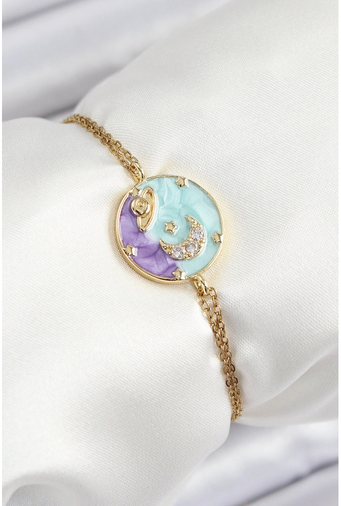 Shoecide 316l Çelik Zincir Mineli Sanatsal Portre Zirkon Taşlı Gezegen Model Gold Renk Kadın Bileklik