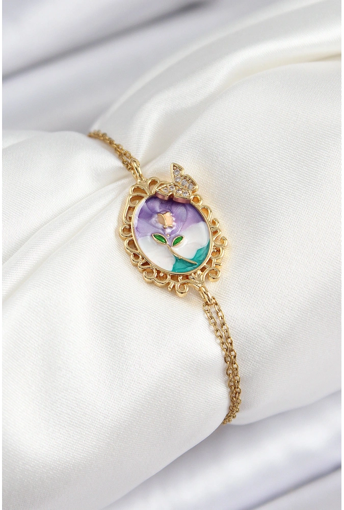 Shoecide 316l Çelik Zincir Mineli Sanatsal Portre Zirkon Taşlı Kelebek Detaylı Çiçek Model Gold Renk Kadın Bileklik