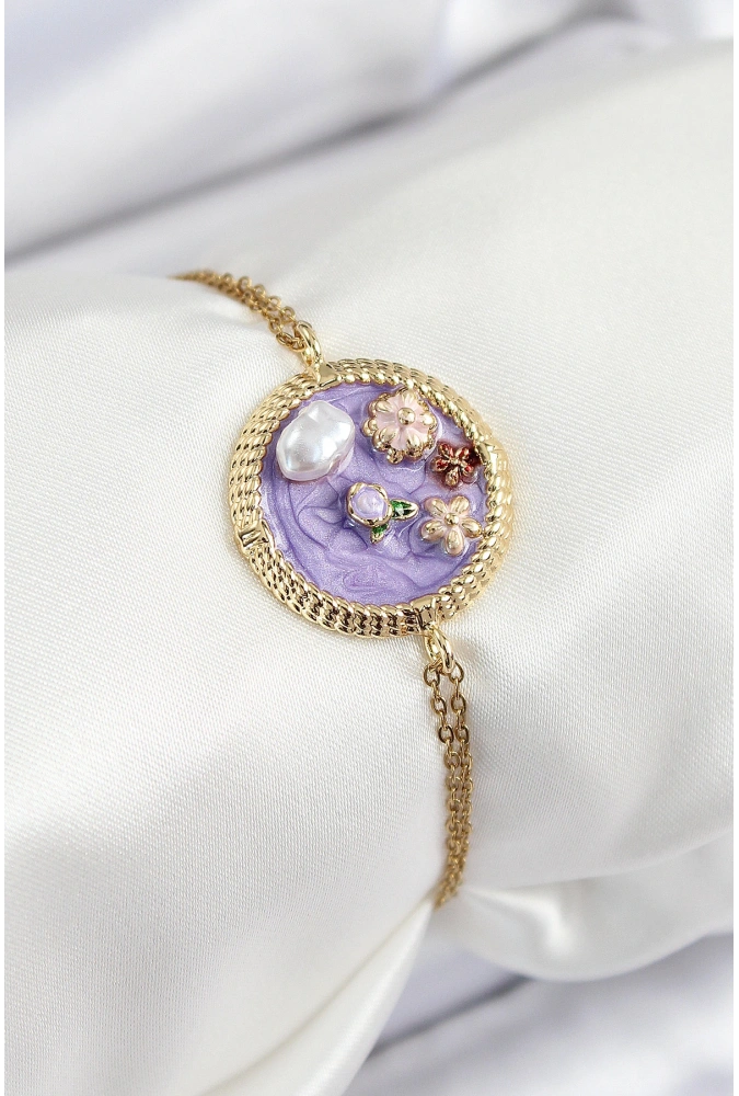 Shoecide 316l Çelik Zincir Mor Mineli Sanatsal Portre İnci Detaylı Çiçek Model Gold Renk Kadın Bileklik
