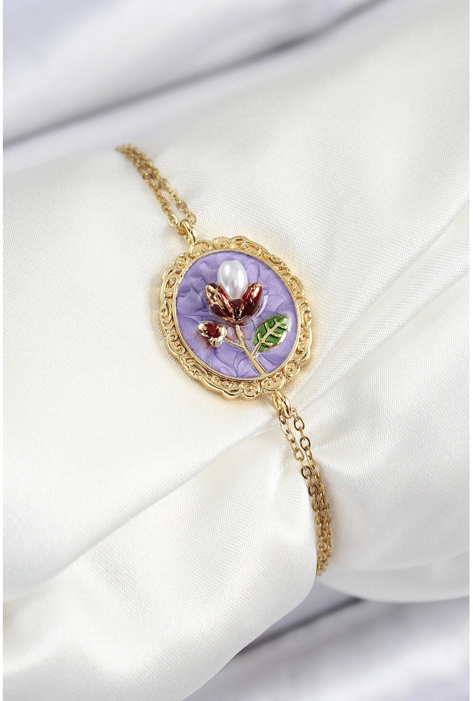 Shoecide 316l Çelik Zincir Mor Mineli Sanatsal Portre İnci Detaylı Lale Model Gold Renk Kadın Bileklik