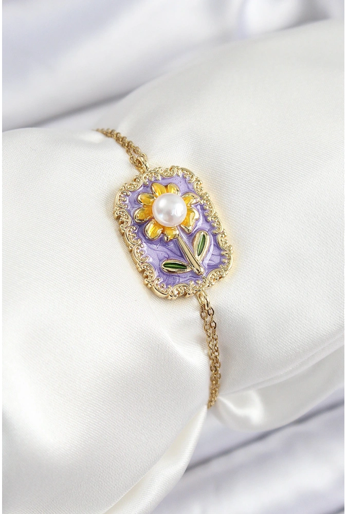Shoecide 316l Çelik Zincir Mor Mineli Sanatsal Portre İnci Detaylı Papatya Model Gold Renk Kadın Bileklik
