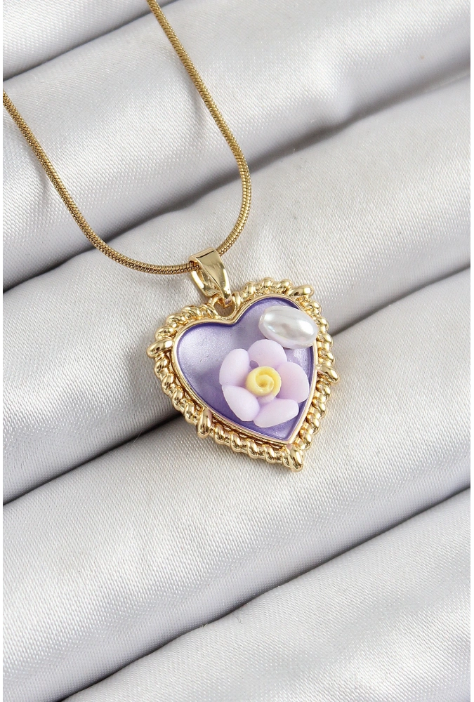 Shoecide 316l Çelik Zincir Mor Sanatsal Portre İnci Detaylı Papatya Figürlü Kalp Model Gold Renk Kadın Kolye