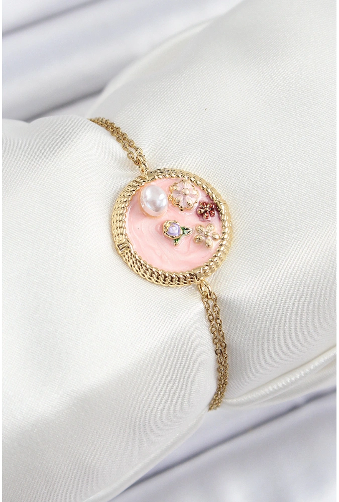 Shoecide 316l Çelik Zincir Pembe Mineli Sanatsal Portre İnci Detaylı Çiçek Model Gold Renk Kadın Bileklik