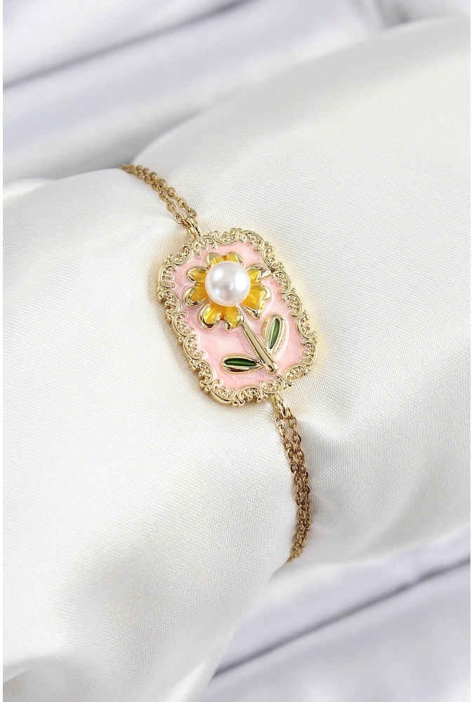 Shoecide 316l Çelik Zincir Pembe Mineli Sanatsal Portre İnci Detaylı Papatya Model Gold Renk Kadın Bileklik