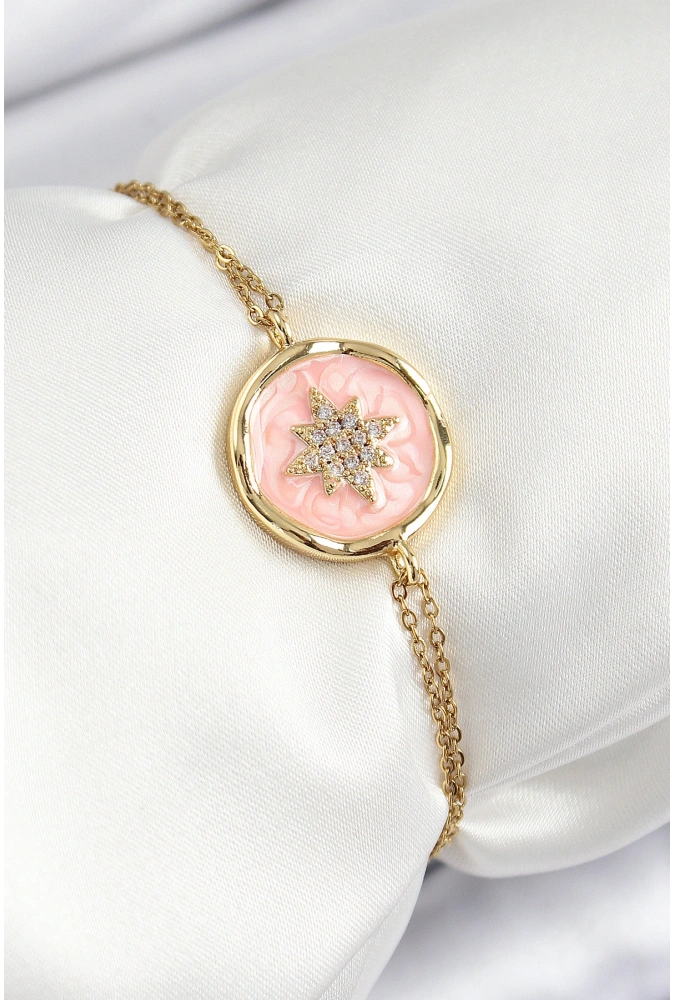 Shoecide 316l Çelik Zincir Pembe Mineli Sanatsal Portre Kuzey Yıldızı Model Gold Renk Kadın Bileklik