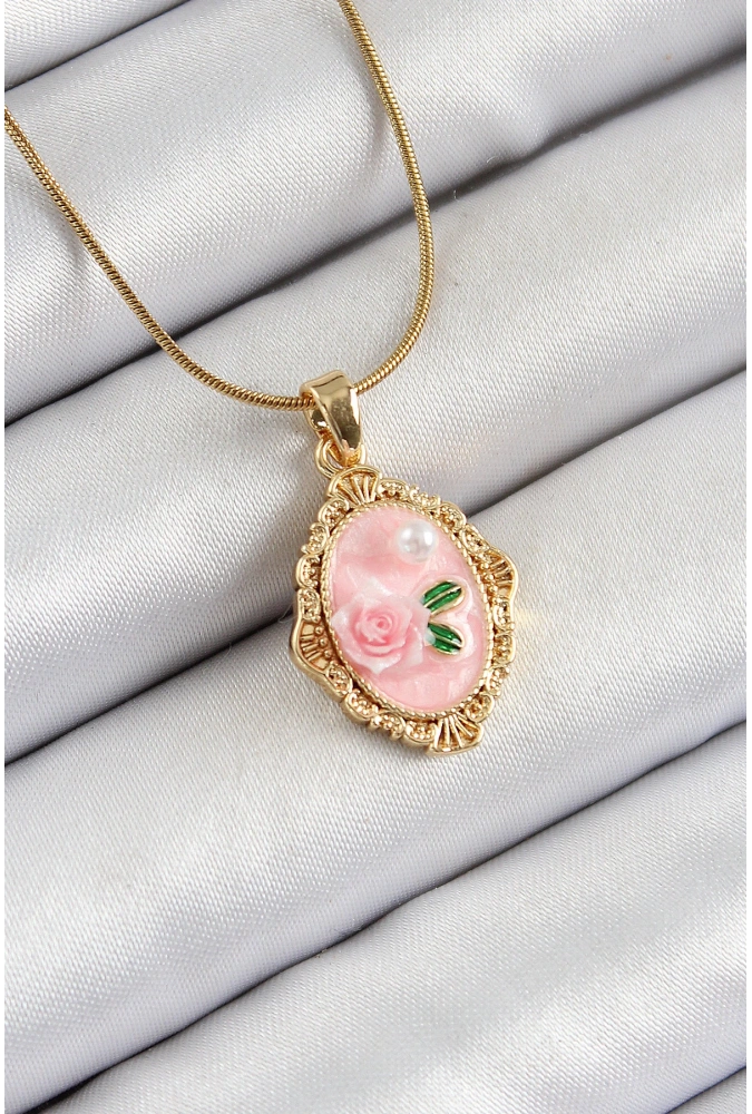 Shoecide 316l Çelik Zincir Pembe Sanatsal Portre İnci Detaylı Gül Figürlü Model Gold Renk Kadın Kolye