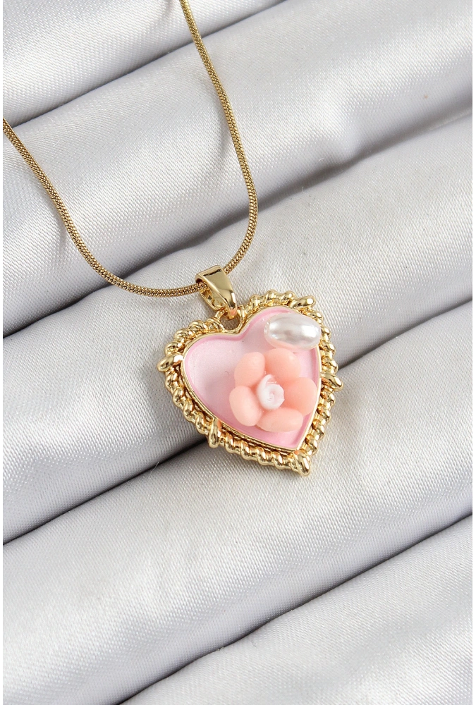 Shoecide 316l Çelik Zincir Pembe Sanatsal Portre İnci Detaylı Papatya Figürlü Kalp Model Gold Renk Kadın Kolye