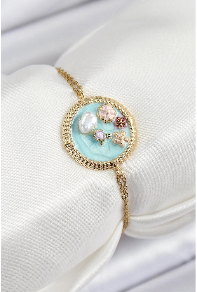 Shoecide 316l Çelik Zincir Turkuaz Mineli Sanatsal Portre İnci Detaylı Çiçek Model Gold Renk Kadın Bileklik