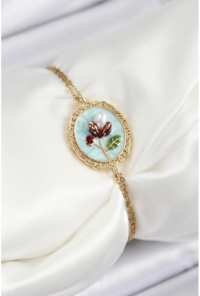 Shoecide 316l Çelik Zincir Turkuaz Mineli Sanatsal Portre İnci Detaylı Lale Model Gold Renk Kadın Bileklik