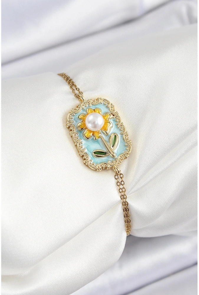Shoecide 316l Çelik Zincir Turkuaz Mineli Sanatsal Portre İnci Detaylı Papatya Model Gold Renk Kadın Bileklik