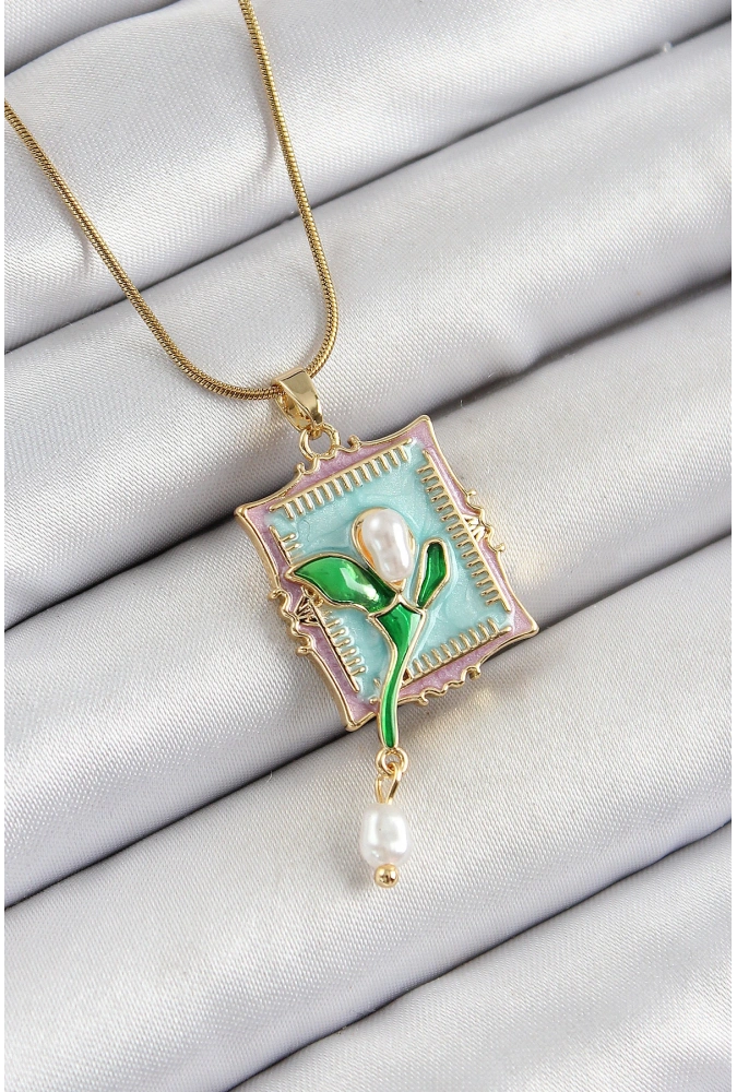 Shoecide 316l Çelik Zincir Turkuaz Sanatsal Portre Sallantılı İnci Detaylı Lale Model Gold Renk Kadın Kolye