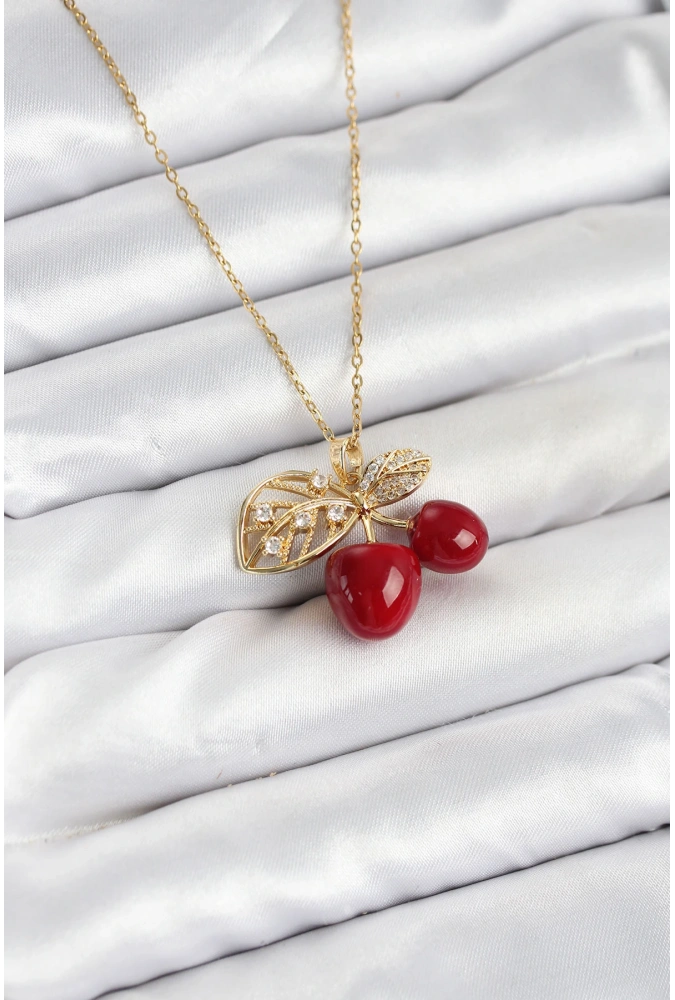 Shoecide 316l Çelik Zincir Yapraklı Kiraz Model Gold Renk Kadın Kolye