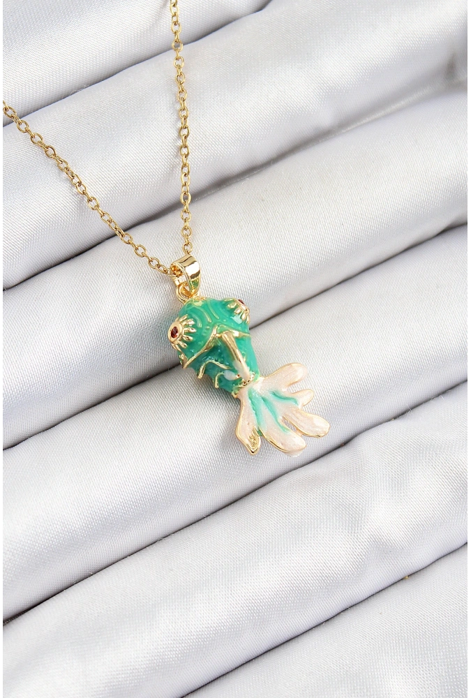 Shoecide 316l Çelik Zincir Yeşil Balık Model Gold Renk Kadın Kolye