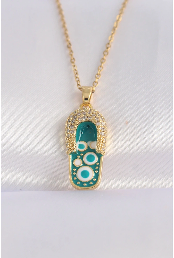 Shoecide 316l Çelik Zincir Zirkon Taşlı Altın Renk Nazarlı Terlik Tasarımlı Kolye