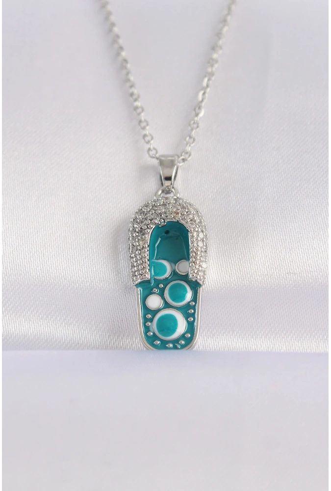 Shoecide 316l Çelik Zincir Zirkon Taşlı Gümüş Renk Nazarlı Terlik Tasarımlı Kolye