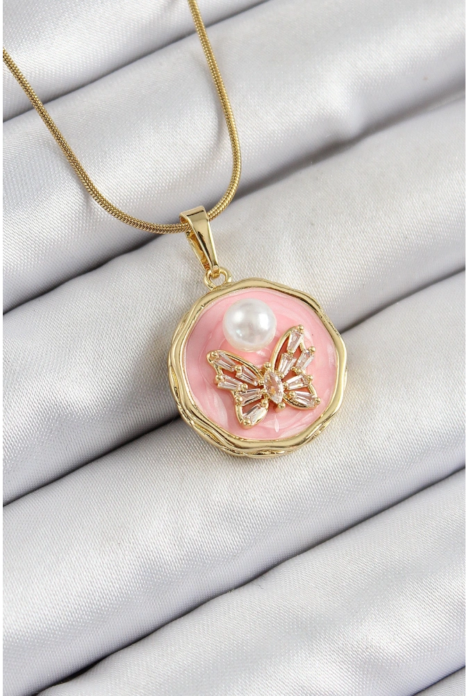 Shoecide 316l Çelik Zincir Zirkon Taşlı Pembe Sanatsal Portre İnci Detaylı Kelebek Model Gold Renk Kadın Kolye