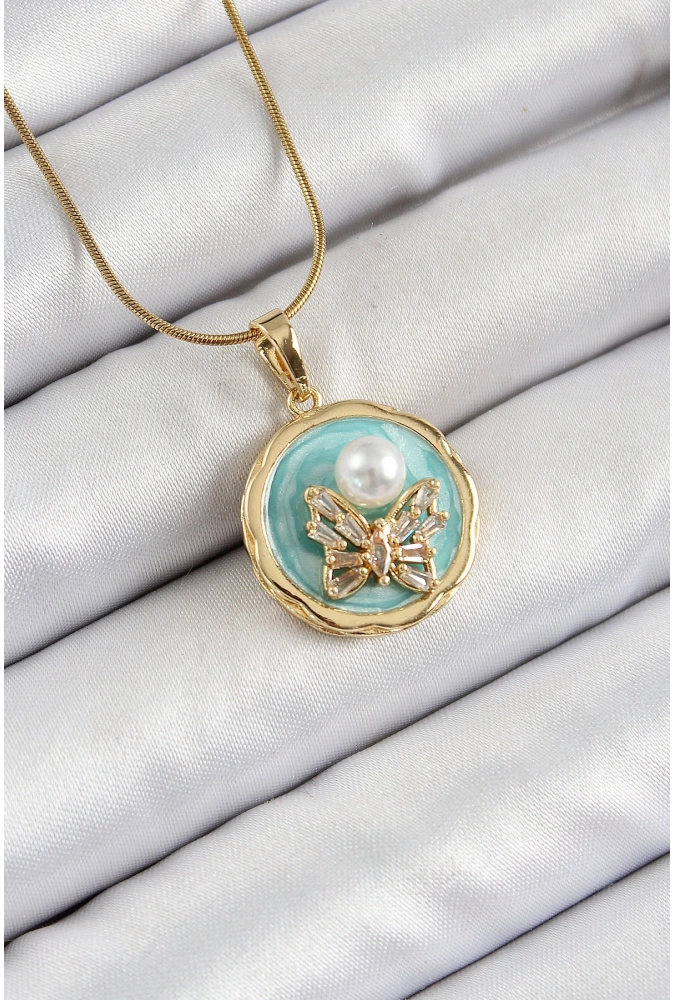 Shoecide 316l Çelik Zincir Zirkon Taşlı Turkuaz Sanatsal Portre İnci Detaylı Kelebek Model Gold Renk Kadın Kolye