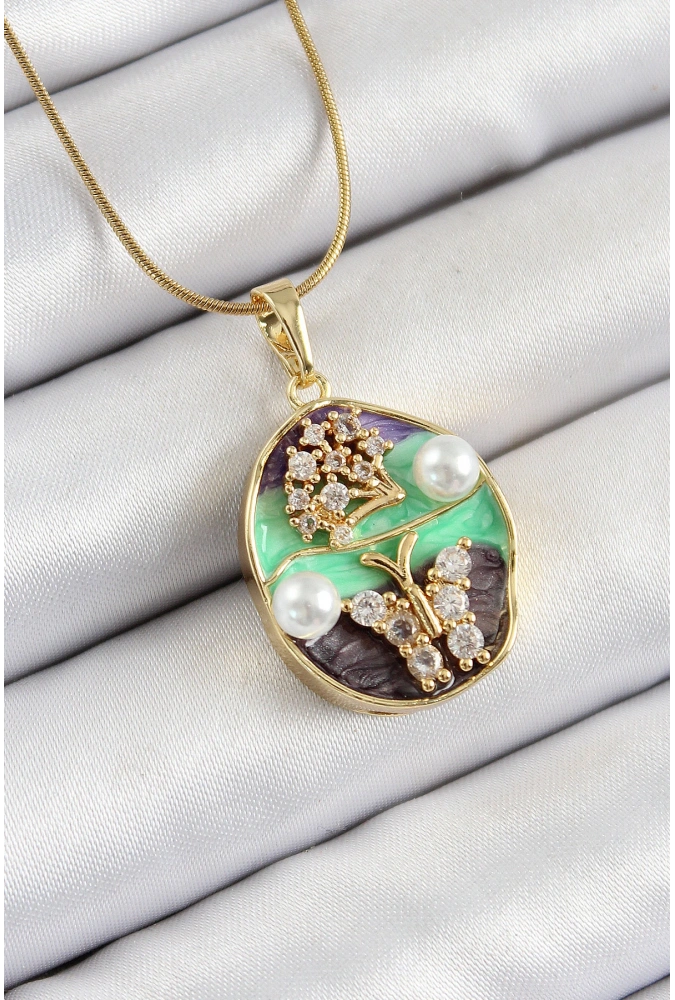 Shoecide 316l Çelik Zincir Zirkon Taşlı Yeşil Mor Sanatsal Portre İnci Detaylı Ağaç Ve Kelebek Figürlü Model Gold Renk Kadın Kolye