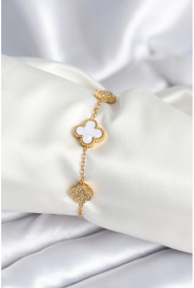 Shoecide 316l Çelik Zincir Zirkon Taşlı Yonca Beyaz Kadın Bileklik