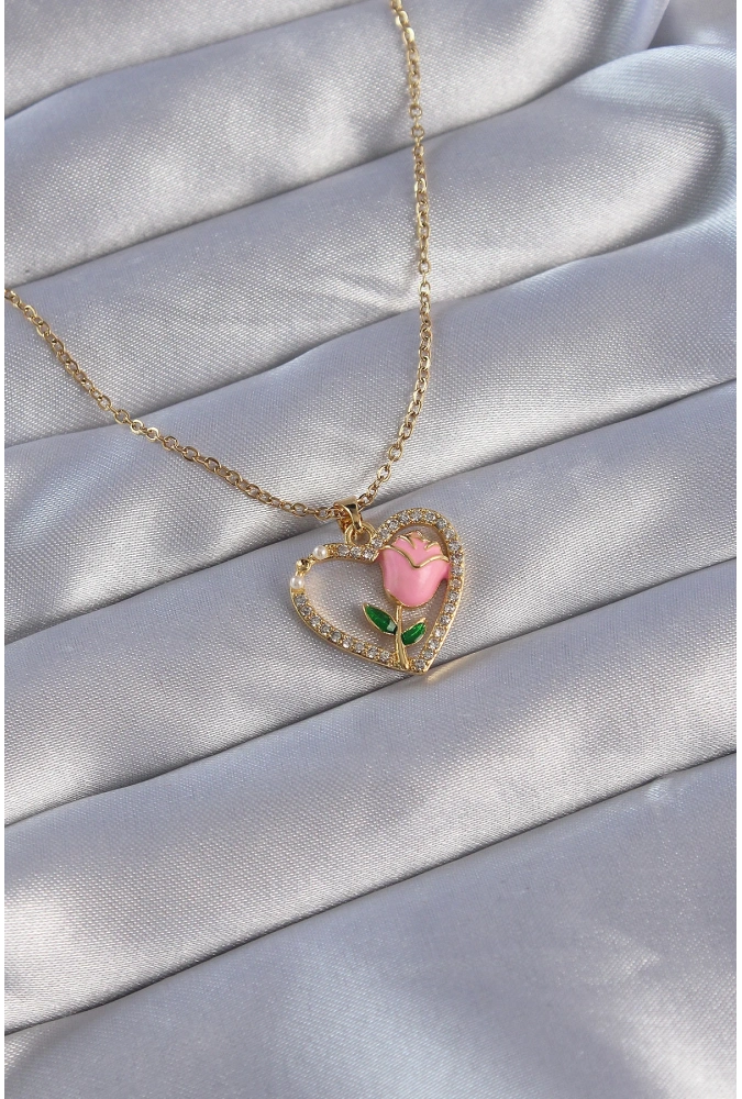 Shoecide 316l Çelik Zincirli Gold Renk Zirkon Taşlı Kalp İçinde Pembe Gül Tasarımlı Kolye