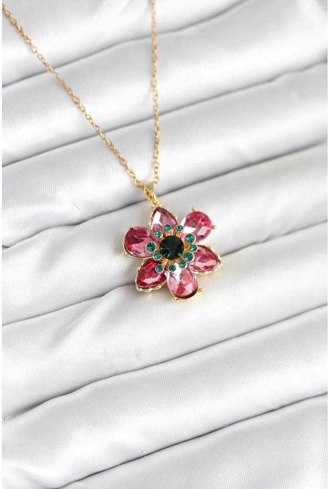 Shoecide 316l Çelik Zincirli Pembe Çiçek Model Kadın Kolye