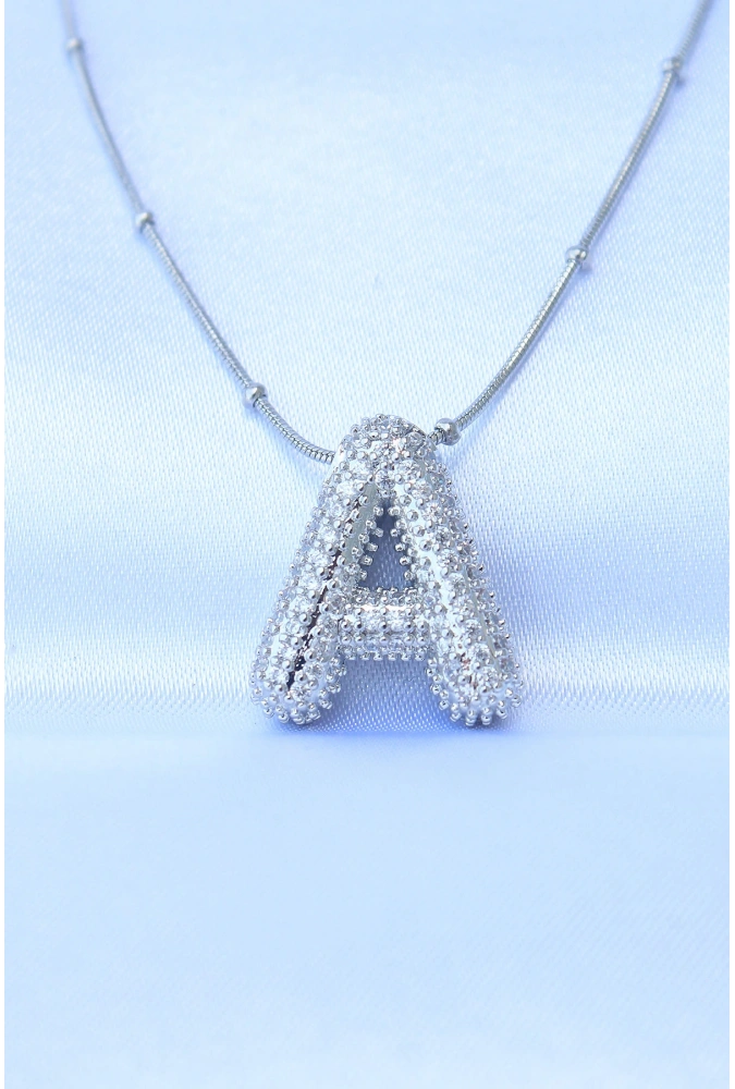 Shoecide 316l Çelik Zincirli Zirkon Taşlı A Harfli Gümüş Renk Bubble Kolye