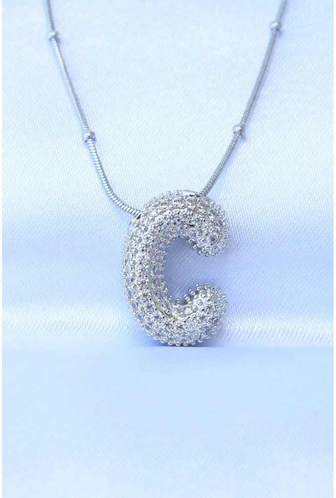 Shoecide 316l Çelik Zincirli Zirkon Taşlı C Harfli Gümüş Renk Bubble Kolye