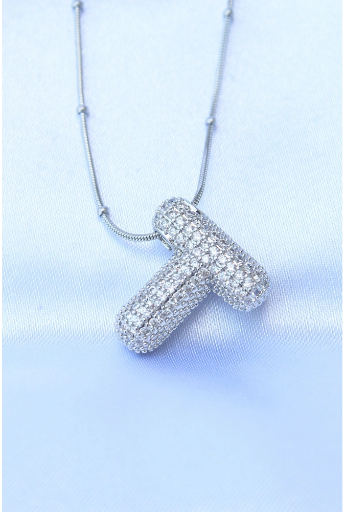 Shoecide 316l Çelik Zincirli Zirkon Taşlı T Harfli Gümüş Renk Bubble Kolye