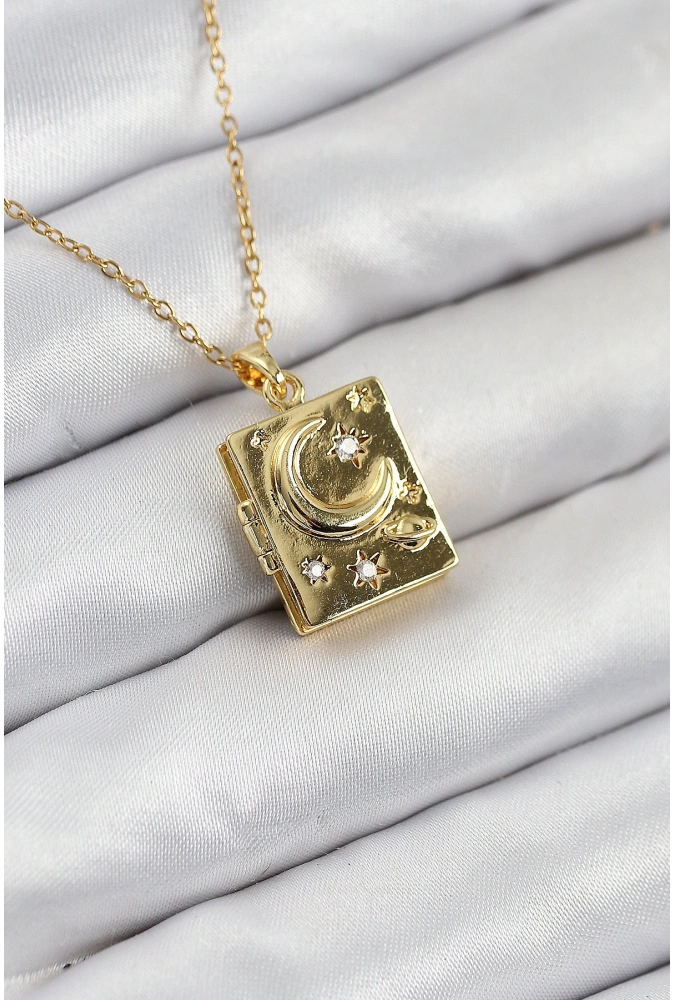 Shoecide 316l Çelik Zirkon Taşlı Açılabilr Kapaklı Kitap Model Gold Renk Kadın Kolye