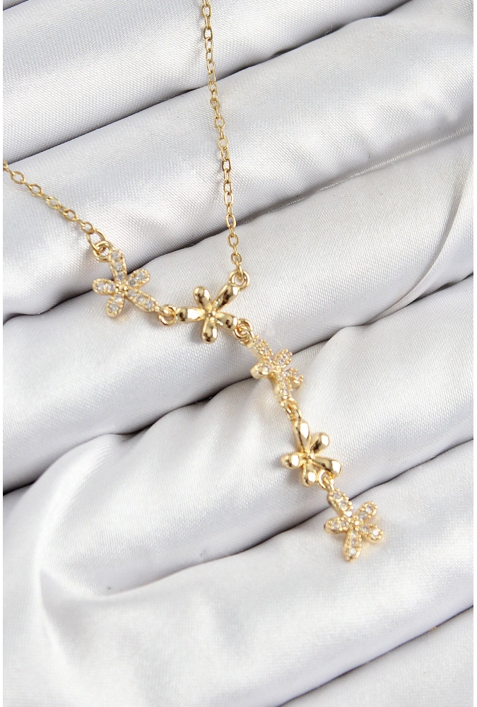 Shoecide 316l Çelik Zirkon Taşlı Çiçek Model Gold Renk Kadın Kolye