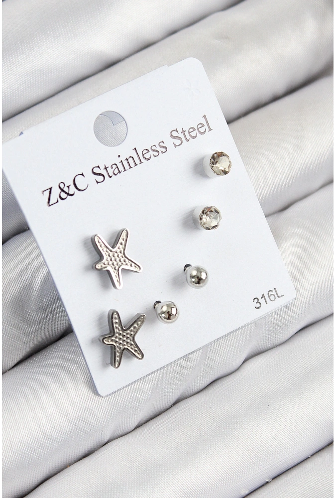 Shoecide 316l Çelik Zirkon Taşlı Deniz Yıldızı Model Gümüş Renk Kadın Set Küpe