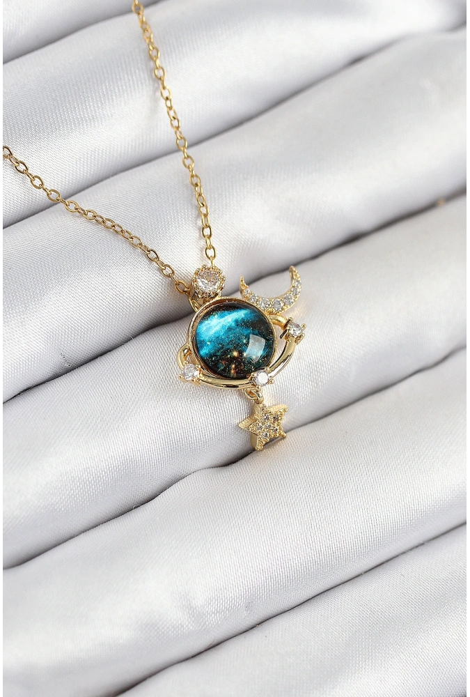 Shoecide 316l Çelik Zirkon Taşlı Gezegen Model Gold Renk Kadın Kolye