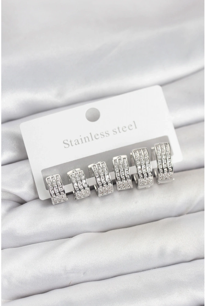 Shoecide 316l Çelik Zirkon Taşlı Gümüş Renk Halka Küpe Seti