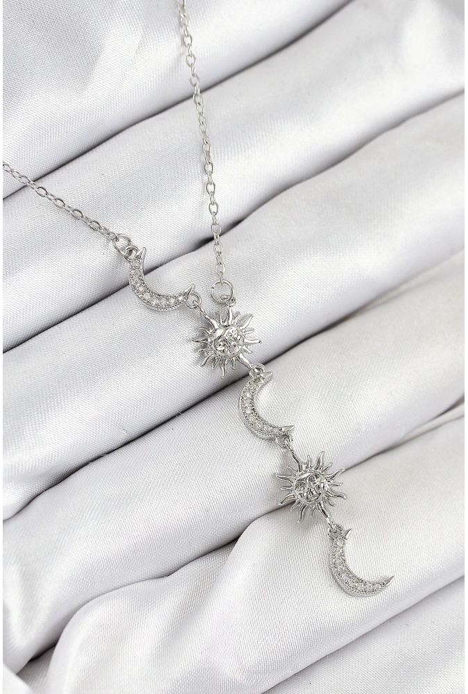 Shoecide 316l Çelik Zirkon Taşlı Güneş Ve Ay Model Gümüş Renk Kadın Kolye