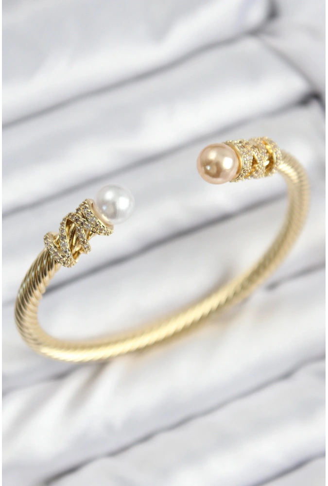 Shoecide 316l Çelik Zirkon Taşlı İnci Model Gold Renk Kadın Bileklik