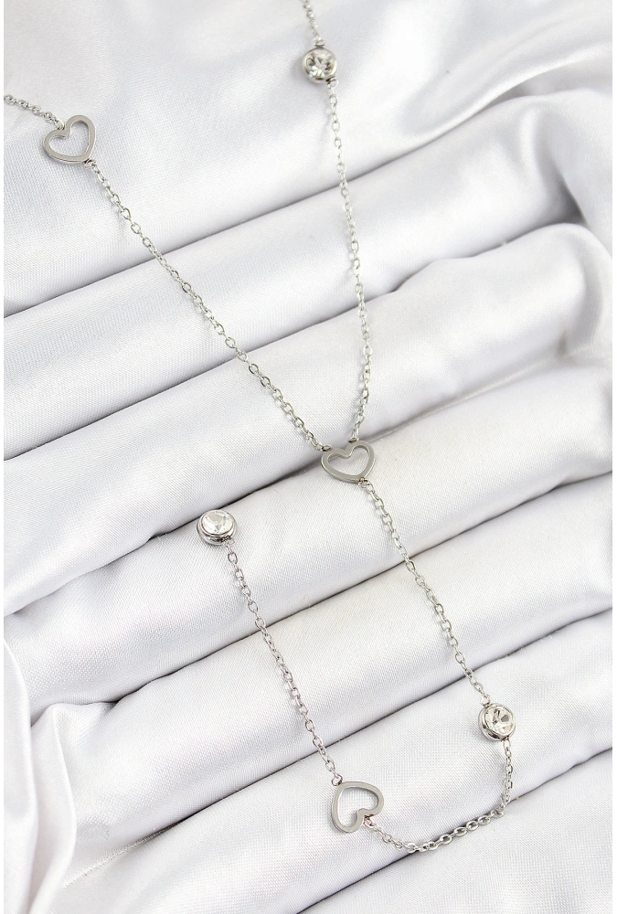 Shoecide 316l Çelik Zirkon Taşlı Kalp Figürlü Y Model Gümüş Renk Kadın Kolye