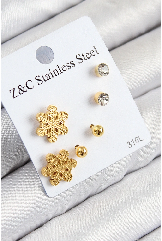 Shoecide 316l Çelik Zirkon Taşlı Kar Tanesi Model Gold Renk Kadın Set Küpe