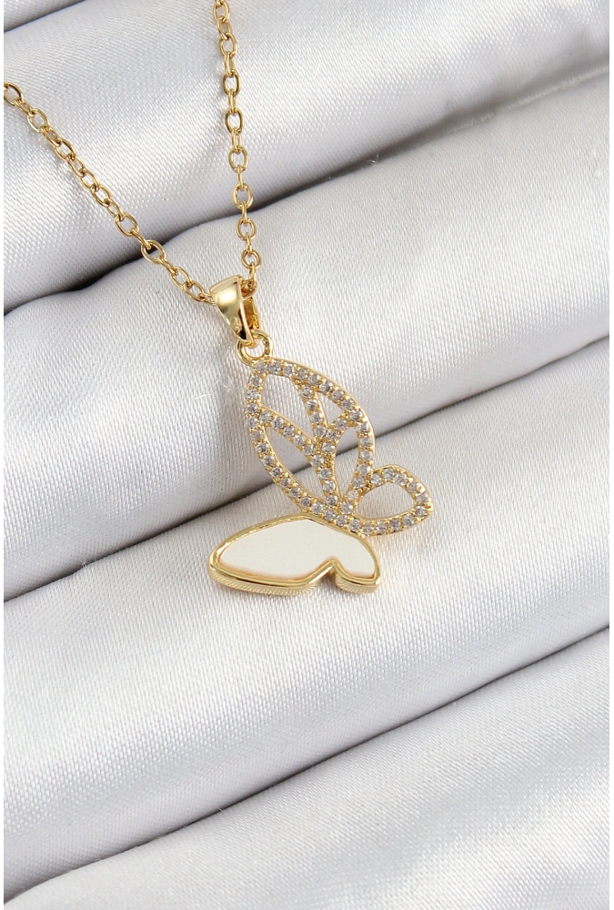 Shoecide 316l Çelik Zirkon Taşlı Kelebek Model Gold Renk Kadın Kolye