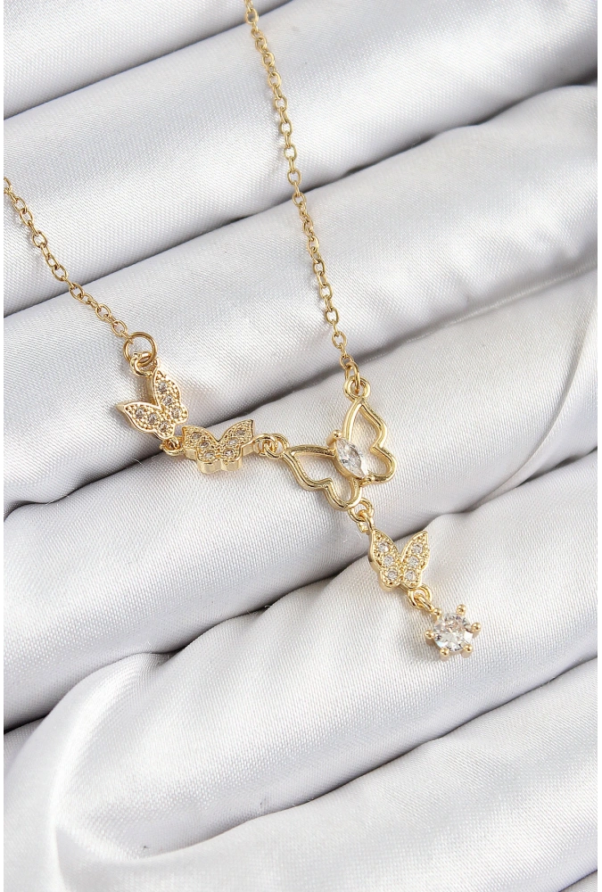 Shoecide 316l Çelik Zirkon Taşlı Kelebek Model Gold Renk Kadın Kolye