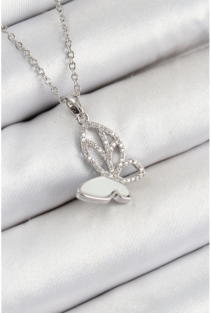 Shoecide 316l Çelik Zirkon Taşlı Kelebek Model Gümüş Renk Kadın Kolye