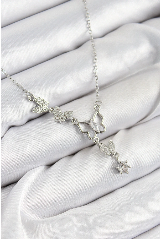 Shoecide 316l Çelik Zirkon Taşlı Kelebek Model Gümüş Renk Kadın Kolye