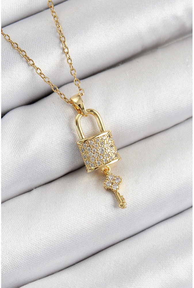 Shoecide 316l Çelik Zirkon Taşlı Kilit Ve Sallantılı Anahtar Model Gold Renk Kadın Kolye