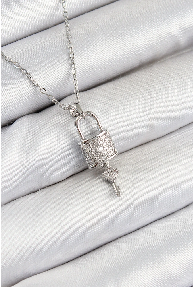Shoecide 316l Çelik Zirkon Taşlı Kilit Ve Sallantılı Anahtar Model Gümüş Renk Kadın Kolye