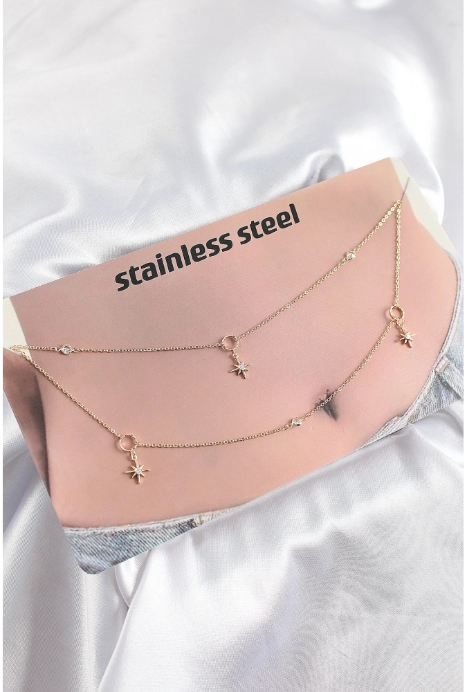 Shoecide 316l Çelik Zirkon Taşlı Kutup Yıldızı Model Gold Renk Göbek Bel Zinciri