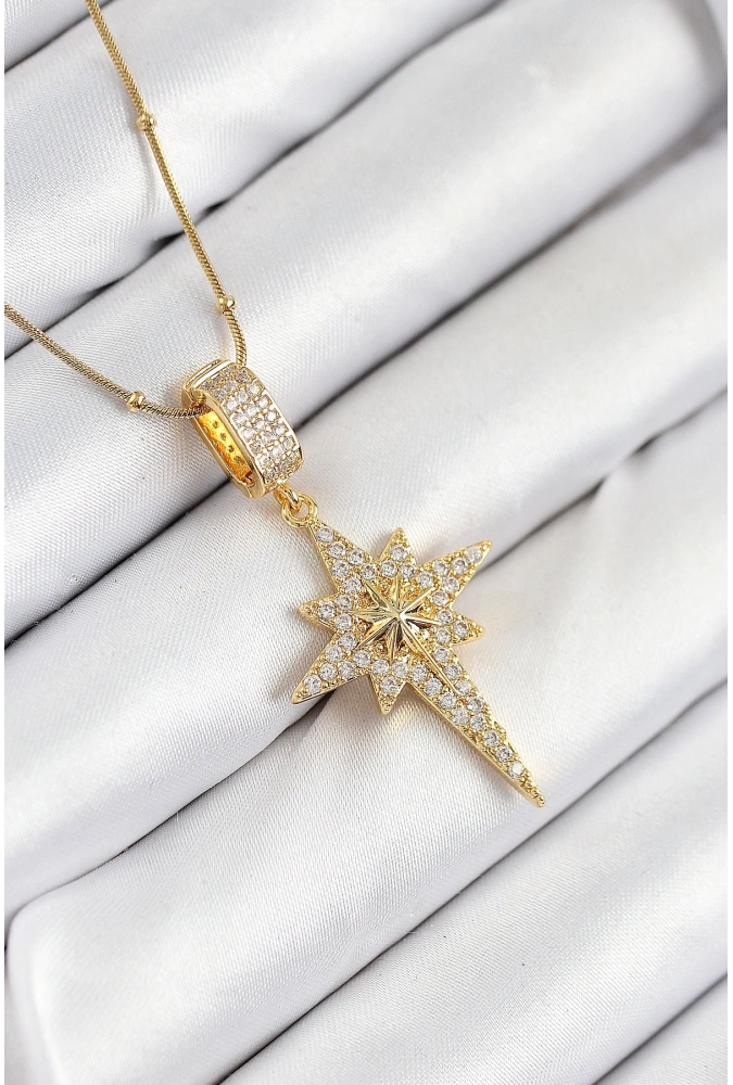 Shoecide 316l Çelik Zirkon Taşlı Kutup Yıldızı Model Gold Renk Kadın Kolye