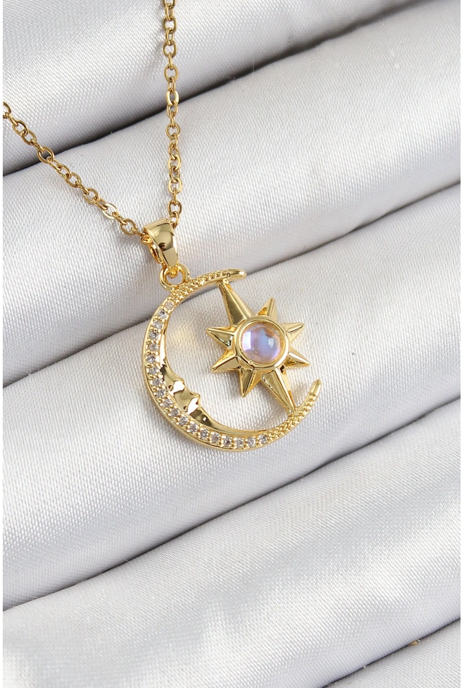 Shoecide 316l Çelik Zirkon Taşlı Kutup Yıldızlı Hilal Model Gold Renk Kadın Kolye