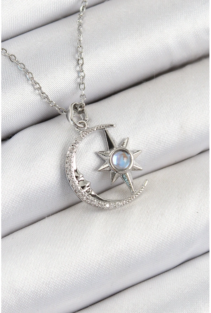 Shoecide 316l Çelik Zirkon Taşlı Kutup Yıldızlı Hilal Model Gümüş Renk Kadın Kolye