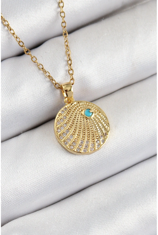 Shoecide 316l Çelik Zirkon Taşlı Madalyon Model Gold Renk Kadın Kolye