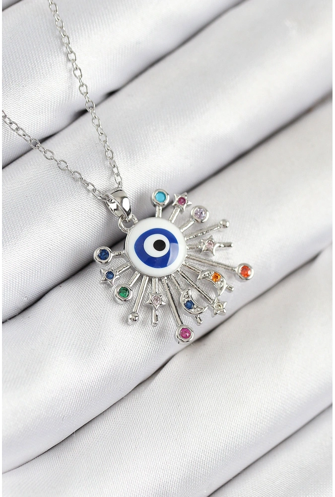 Shoecide 316l Çelik Zirkon Taşlı Nazar Model Gümüş Renk Kadın Kolye